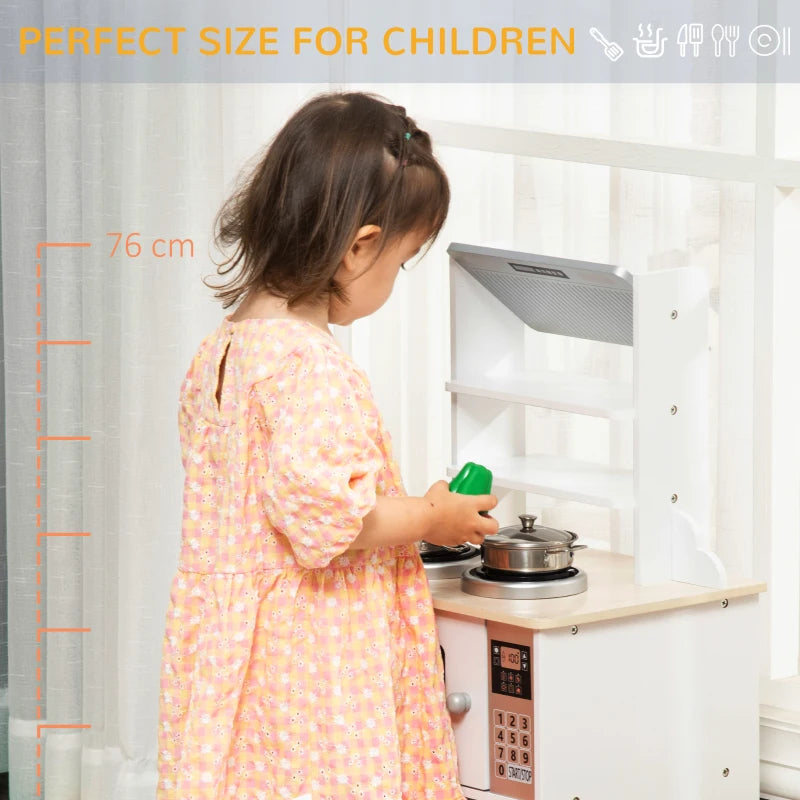 HOMCOM Wooden Kids Toy Kitchen, Play Cooking Set Pretend Role Playset, with Cooking Bench, Pots, Storage Basket, for 3-6 Years