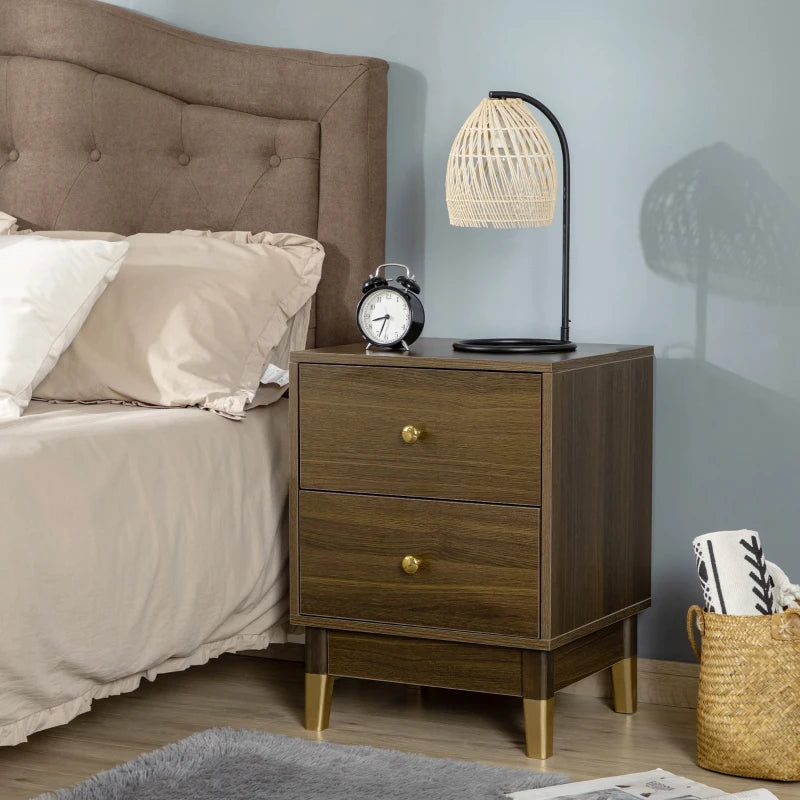 HOMCOM Bedside Table, Modern Nightstand with 2 Drawers, End Side Table for Bedroom and Living Room, Brown