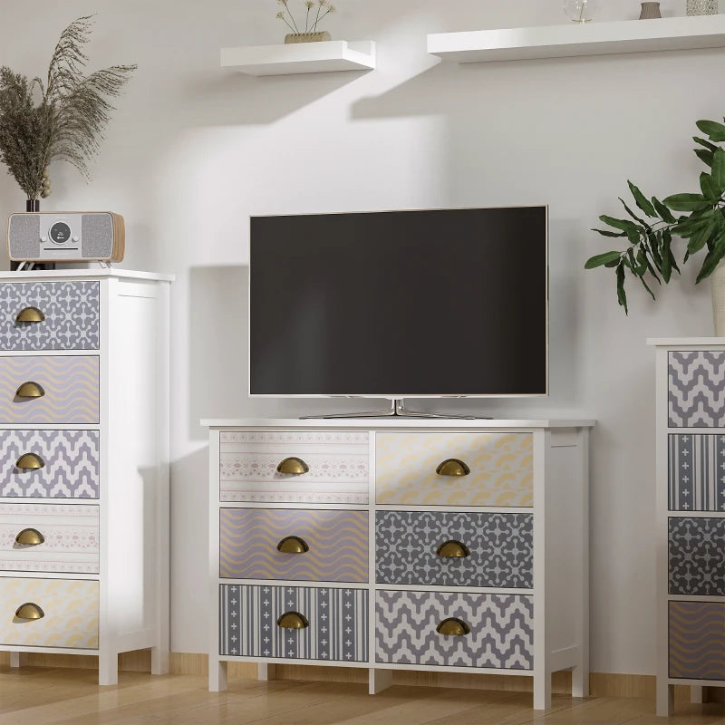 HOMCOM Chest of Drawers, 6 Drawer Dresser w/ Antique Metal Handles and Multi-Coloured Patterns, Storage Drawer Unit for Bedroom