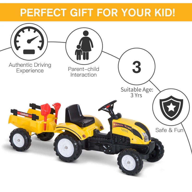 HOMCOM Pedal Go Kart, Kids Ride on Tractor, Child Four Wheels Toy with Shovel and Rake