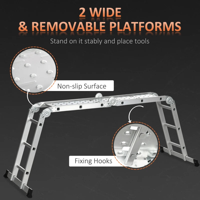DURHAND Multifunctional 5-in-1 Telescoping Ladder with Safety Platforms, Alloy Aluminium 3.4M Multi Purpose 4-Fold Collapsible Ladder with 12 Steps, 150 kg Weight Capacity