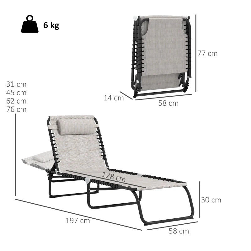 Outsunny Outdoor Foldable Sun Lounger, Patio 4 Level Adjustable Backrest Reclining Chaise Chair, Steel Frame Recliner Chair with Breathable Mesh Fabric Seat, Cream White