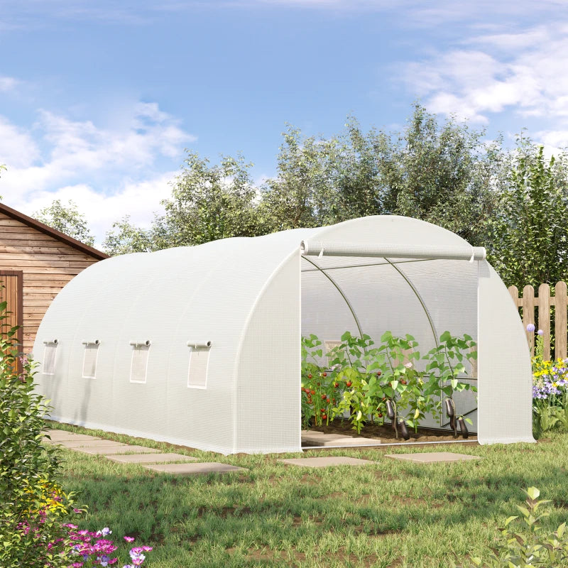 Outsunny 6 x 3 x 2 m Polytunnel Greenhouse, Walk-in Polytunnel Tent with Metal Frame, Zippered Door, and 8 Windows for Garden and Backyard, White