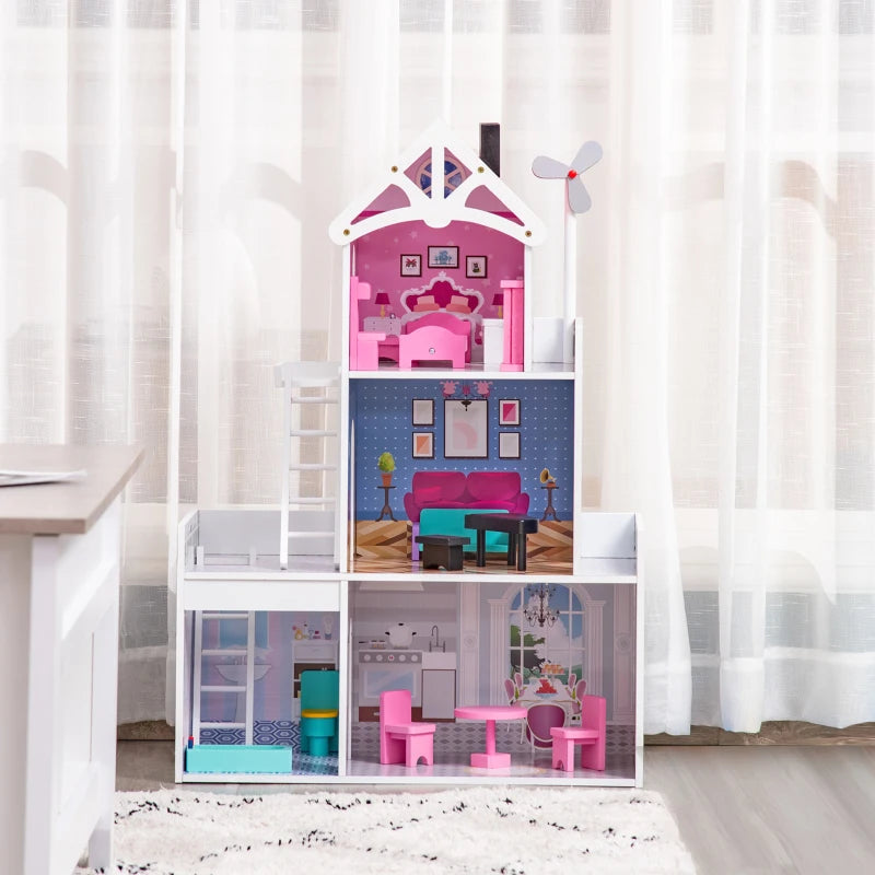HOMCOM Kids 3 Storey Dollhouse with Furniture Accessories for Toddler Girls Aged 3-6 Years Pink