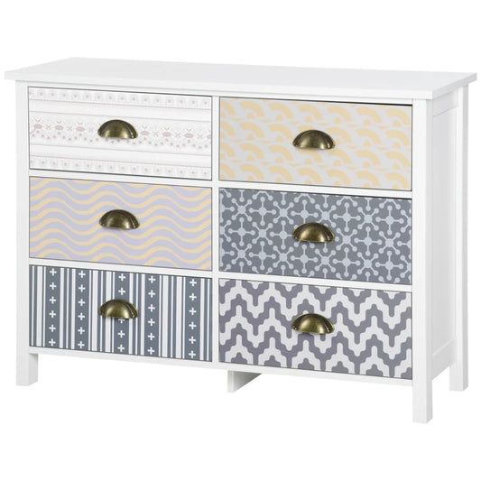 HOMCOM Chest of Drawers, 6 Drawer Dresser w/ Antique Metal Handles and Multi-Coloured Patterns, Storage Drawer Unit for Bedroom