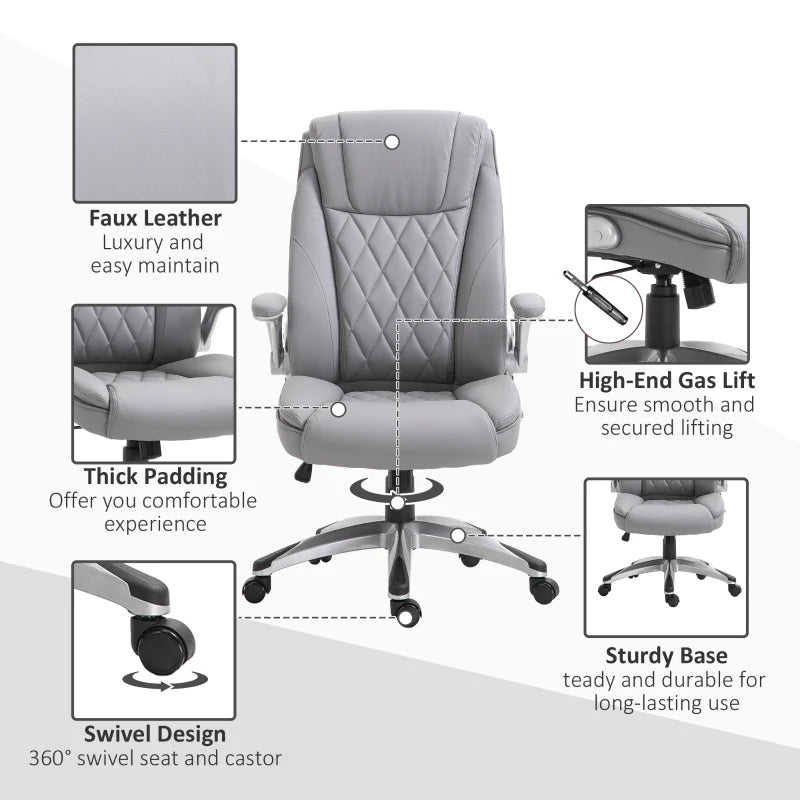 Vinsetto High Back Executive Office Chair, Height Adjustable PU Leather Ergonomic Chair, with Flip-up Arm, 360-Degree Swivel & Wheels, Grey
