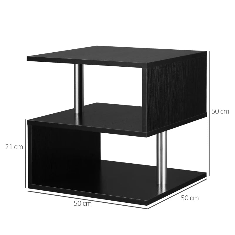 HOMCOM S-Shaped Coffee Table, Cube End Table with 2 Tier Storage Shelves for Living Room, Bedroom, Black