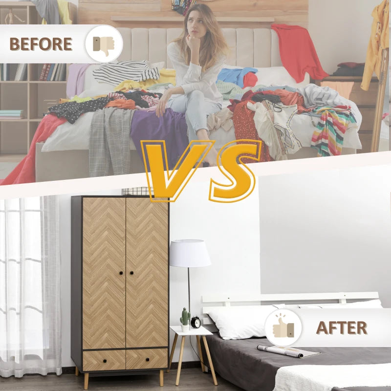 HOMCOM Cloth Wardrobe, Wood Grain Sticker Surface with Shelf, Hanging Rod and 2 Drawers 90x50x190cm