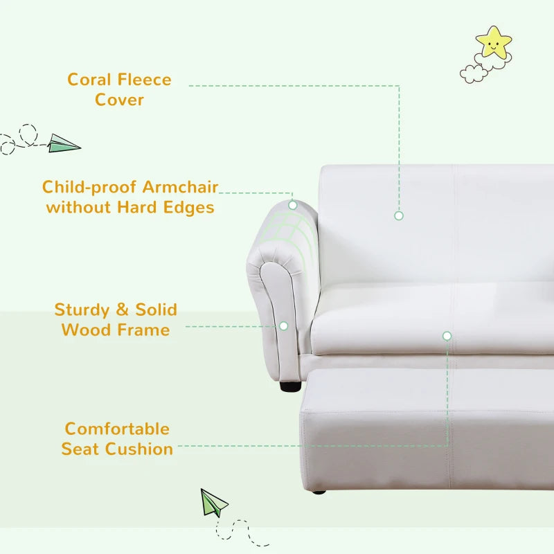 HOMCOM Childrens Sofa Chair, 2 Seater Toddler Chair Kids Twin Sofa Boys Girls Couch w/ Footstool (White)