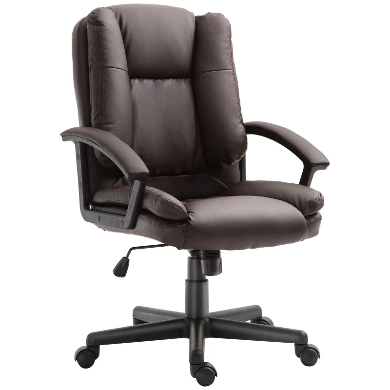 HOMCOM Mid Back Executive Office Chair, Faux Leather Computer Desk Chair with Swivel, Double-Tier Padding, Arm, Wheels, Brown