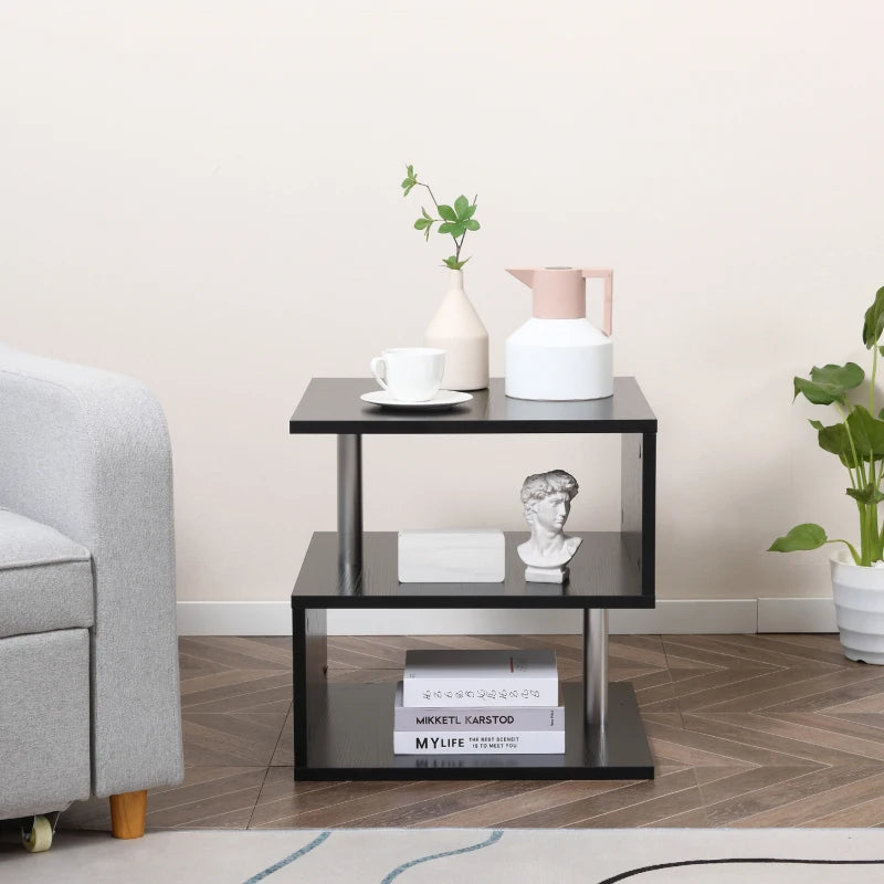 HOMCOM S-Shaped Coffee Table, Cube End Table with 2 Tier Storage Shelves for Living Room, Bedroom, Black