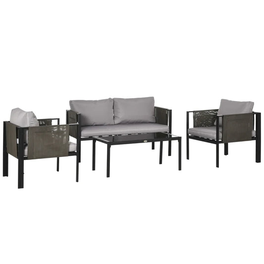 Outsunny 4 Piece Metal Garden Furniture Set - Includes Tempered Glass Coffee Table, Texteline Pocket, Outdoor Patio Set with Loveseat, Single Armchairs and Padded Cushions, Light Grey