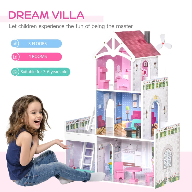 HOMCOM Kids 3 Storey Dollhouse with Furniture Accessories for Toddler Girls Aged 3-6 Years Pink