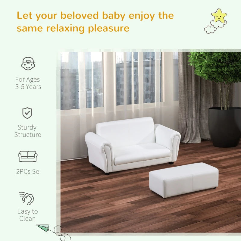 HOMCOM Childrens Sofa Chair, 2 Seater Toddler Chair Kids Twin Sofa Boys Girls Couch w/ Footstool (White)