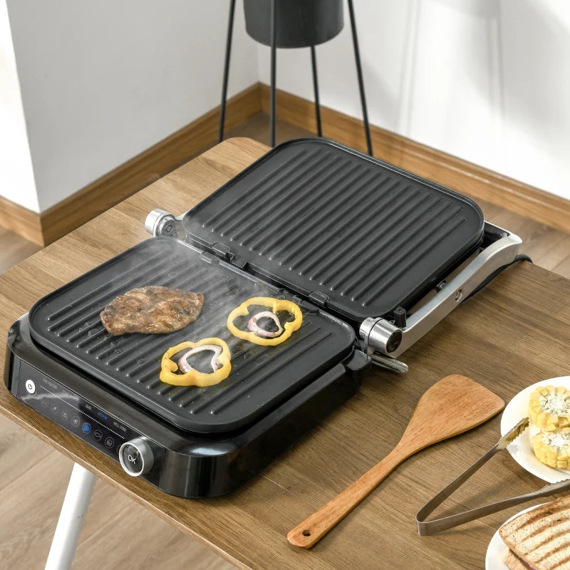 HOMCOM 2100W Health Grill & Panini Press, Electric Non-stick Grill with 8 Automatic Settings, 180° Flat Open, Drip Tray, Removable Plate, Floating Hinges
