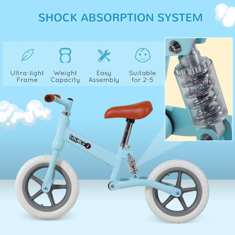 HOMCOM 12" Kids Balance Bike No Pedal Bicycle Adjustable Seat Toddler Training Bike W/ Shock Absorber 2 - 5 Years Blue