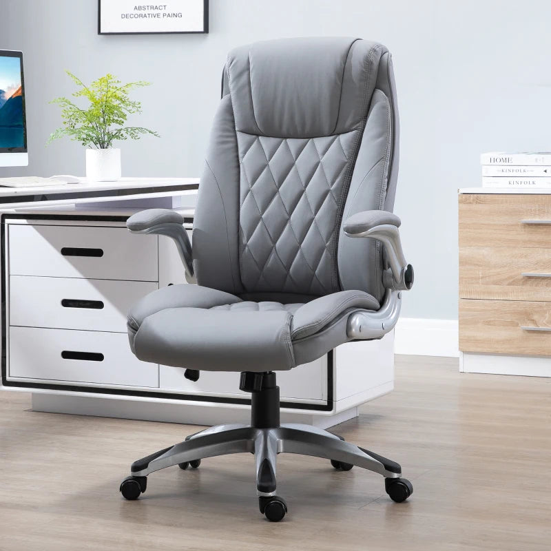 Vinsetto High Back Executive Office Chair, Height Adjustable PU Leather Ergonomic Chair, with Flip-up Arm, 360-Degree Swivel & Wheels, Grey
