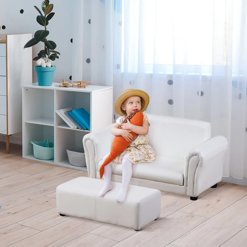 HOMCOM Childrens Sofa Chair, 2 Seater Toddler Chair Kids Twin Sofa Boys Girls Couch w/ Footstool (White)