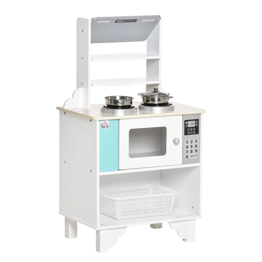HOMCOM Wooden Kids Toy Kitchen, Play Cooking Set Pretend Role Playset, with Cooking Bench, Pots, Storage Basket, for 3-6 Years