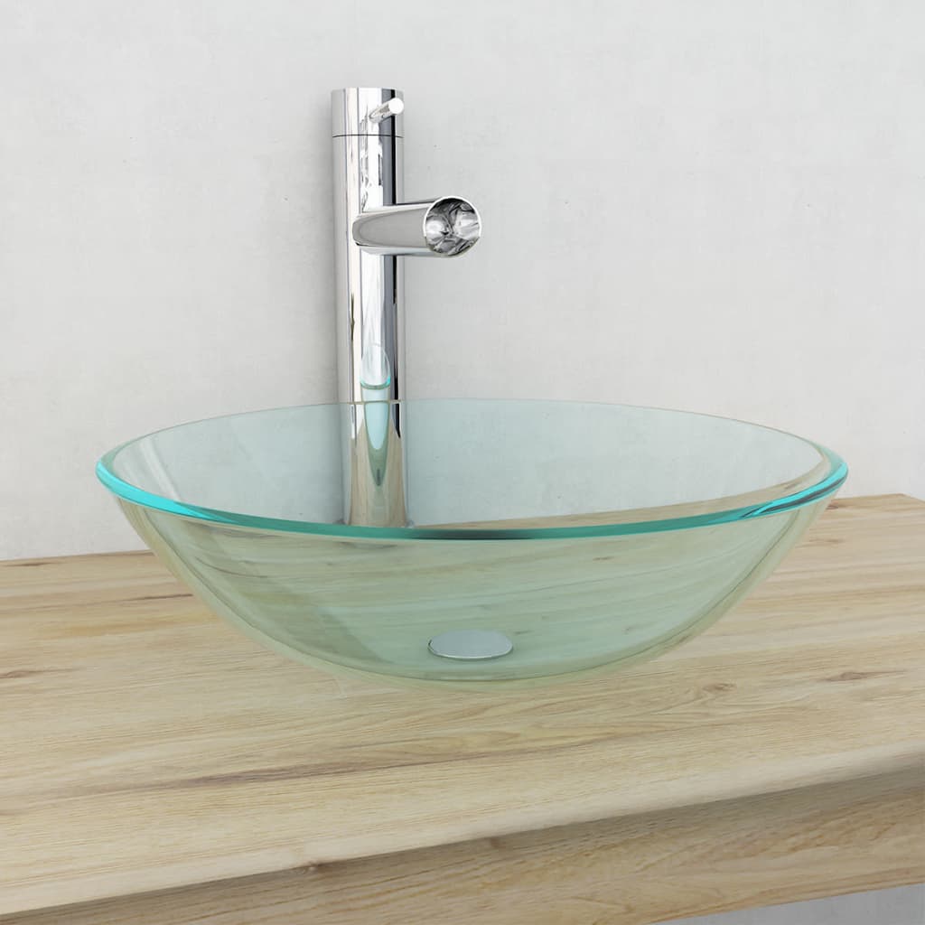 Bathroom Sink With Tap And Push Drain Clear Tempered Glass
