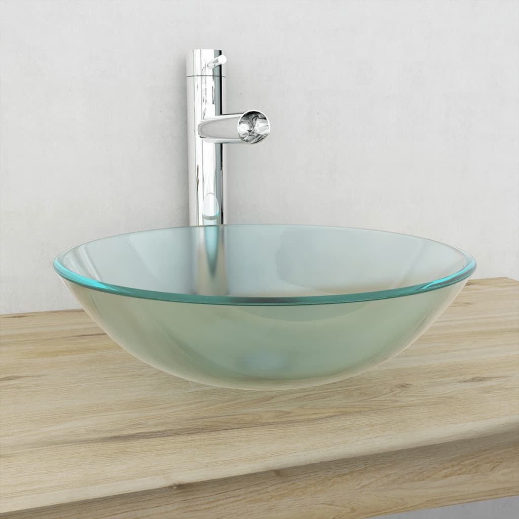 Bathroom Sink With Tap And Push Drain Clear Tempered Glass