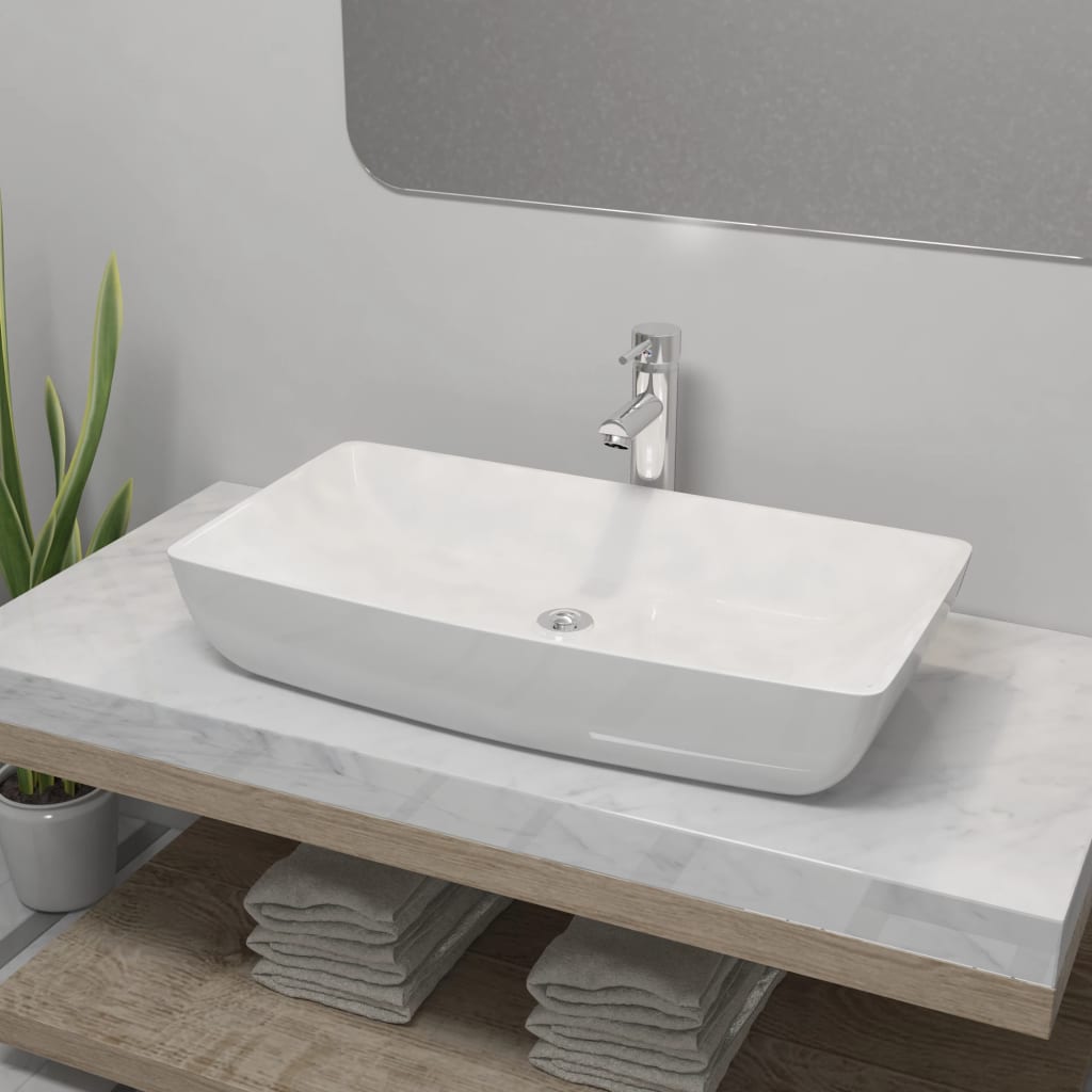 Bathroom Basin With Mixer Tap Ceramic Round White