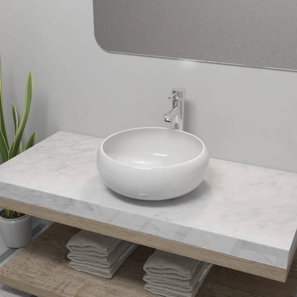 Bathroom Basin With Mixer Tap Ceramic Round White