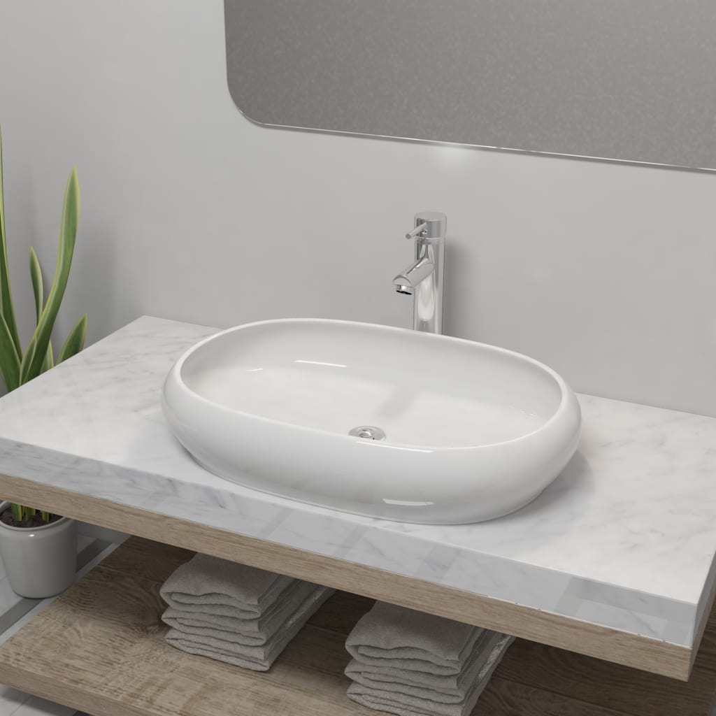 Bathroom Basin With Mixer Tap Ceramic Round White