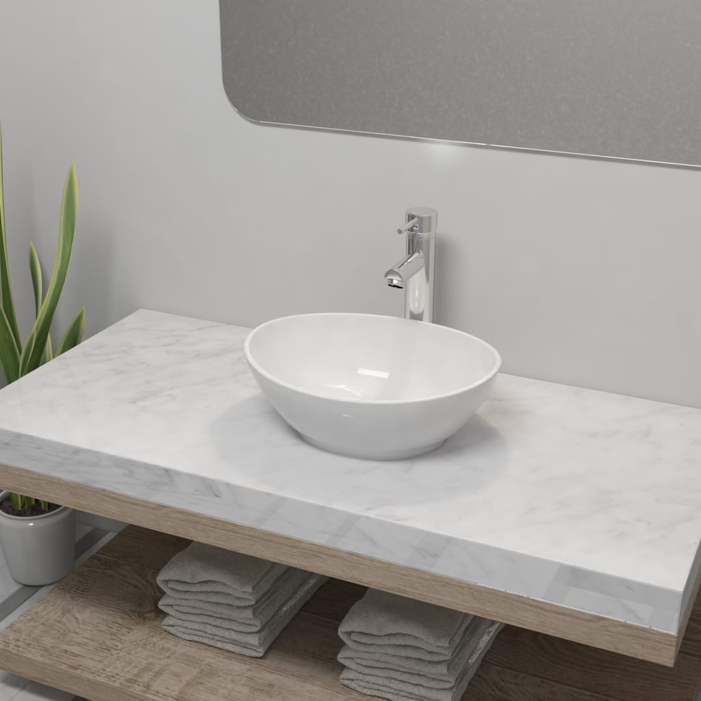 Bathroom Basin With Mixer Tap Ceramic Round White