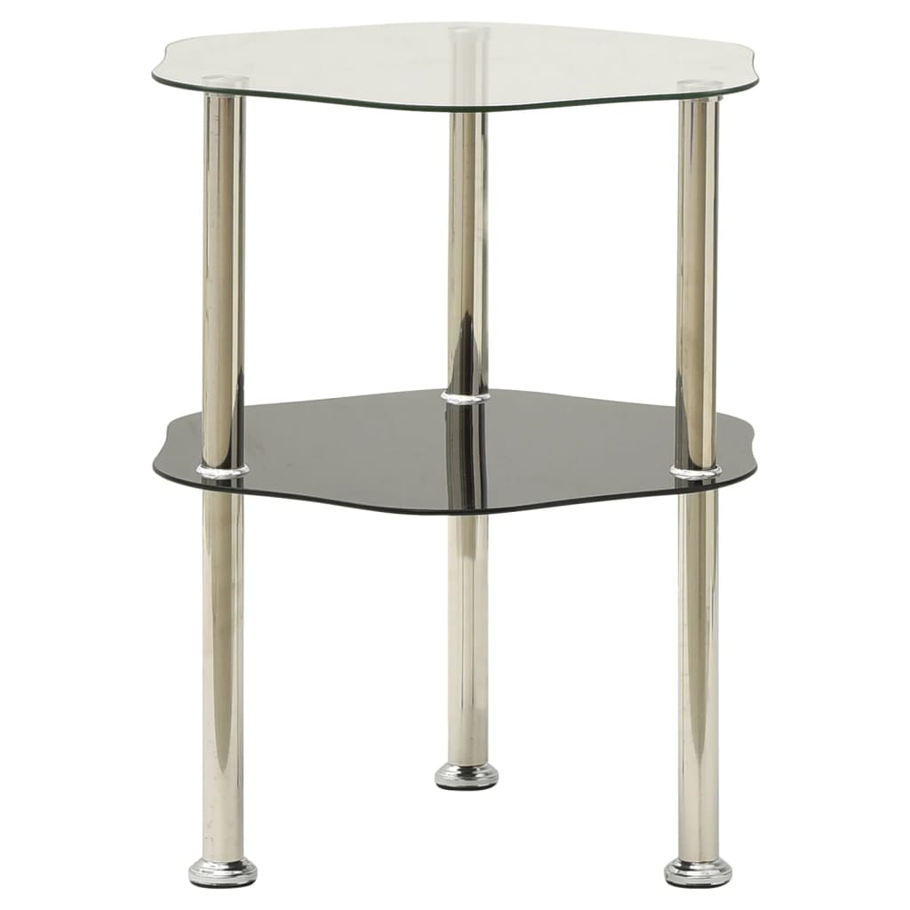 2-Tier Side Table Transparent & Black Marble 38 Cm Tempered Glass