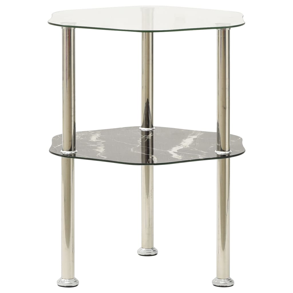 2-Tier Side Table Transparent & Black Marble 38 Cm Tempered Glass
