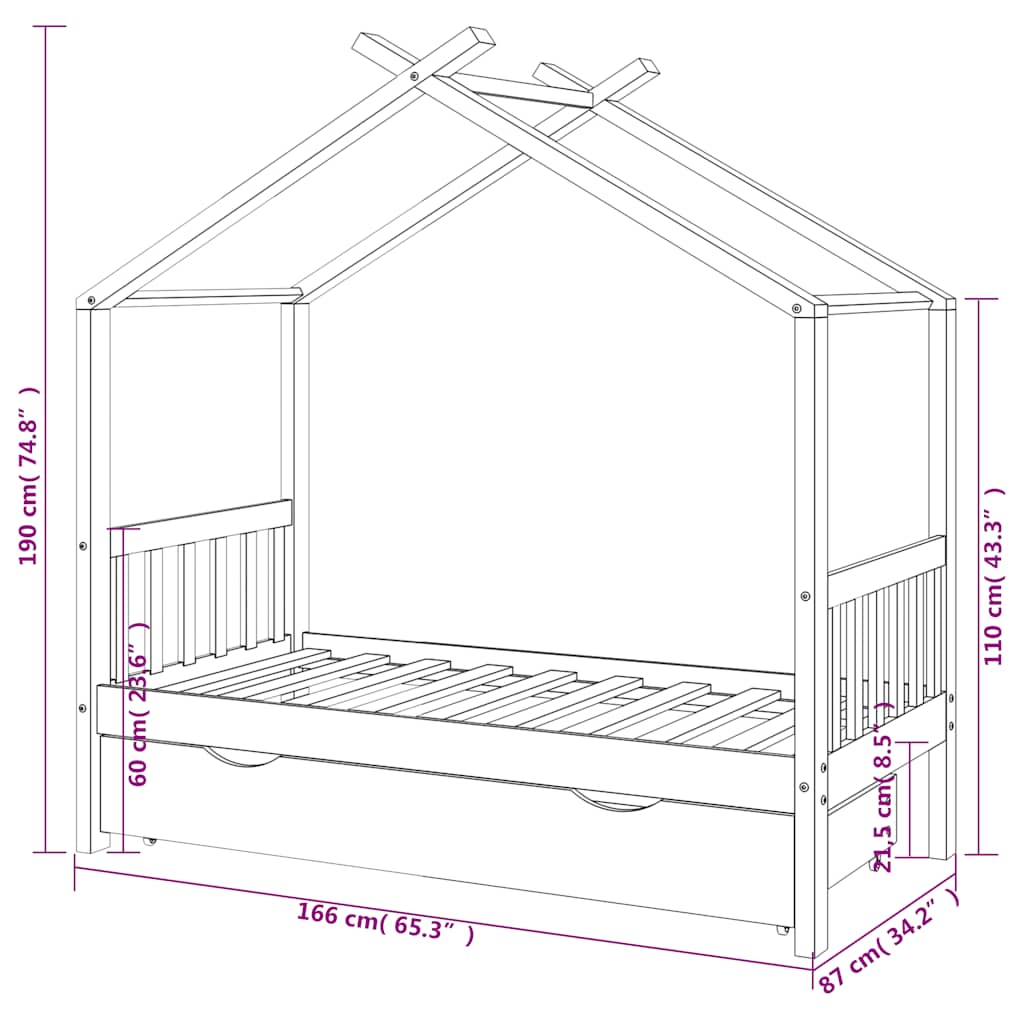 Kids Bed Frame With A Drawer Solid Pine Wood
