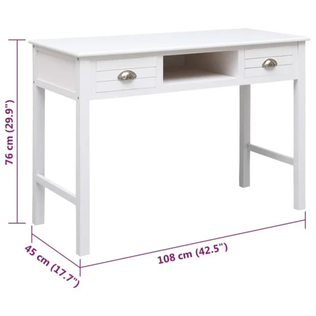 Desk White 108X45X76 Cm Solid Wood Paulownia