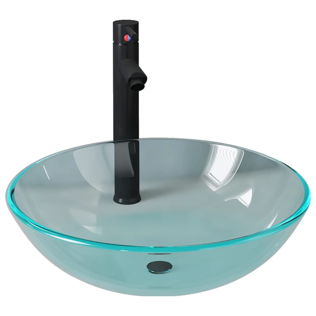 Bathroom Sink With Tap And Push Drain Clear Tempered Glass