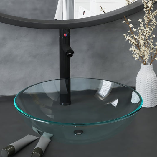 Bathroom Sink With Tap And Push Drain Clear Tempered Glass