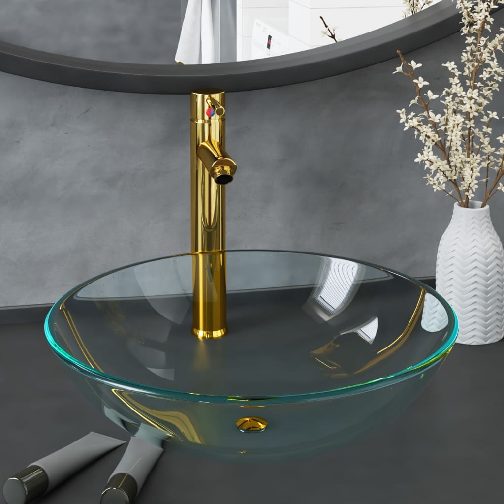 Bathroom Sink With Tap And Push Drain Clear Tempered Glass