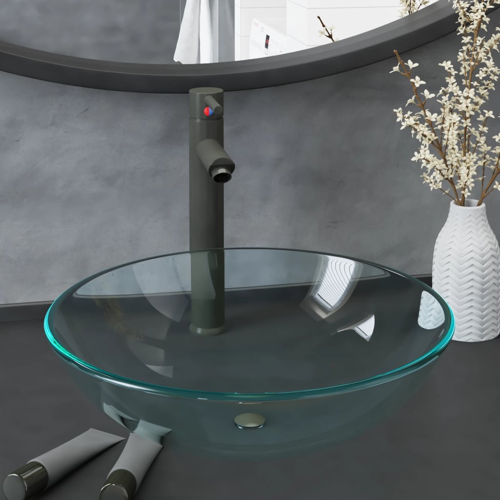 Bathroom Sink With Tap And Push Drain Clear Tempered Glass