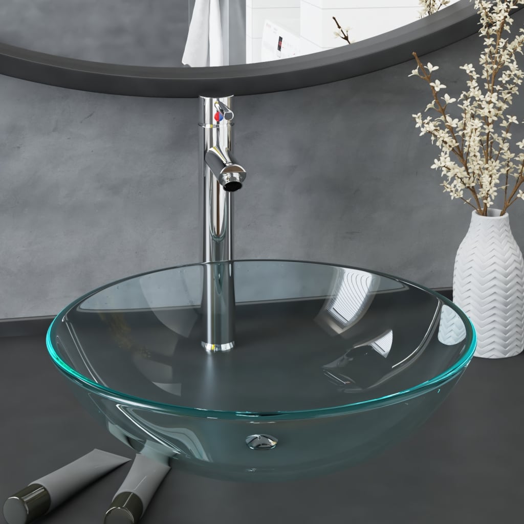 Bathroom Sink With Tap And Push Drain Clear Tempered Glass