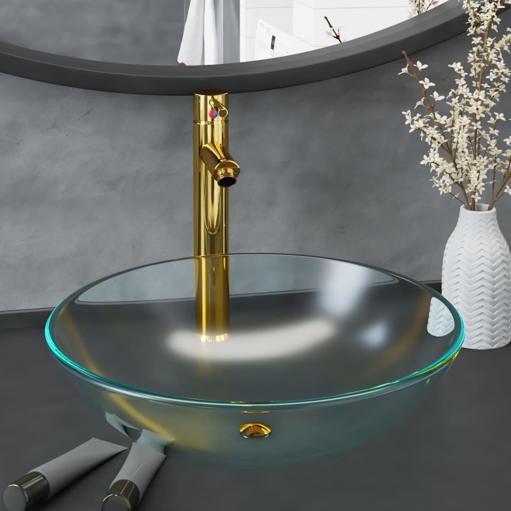 Bathroom Sink With Tap And Push Drain Clear Tempered Glass