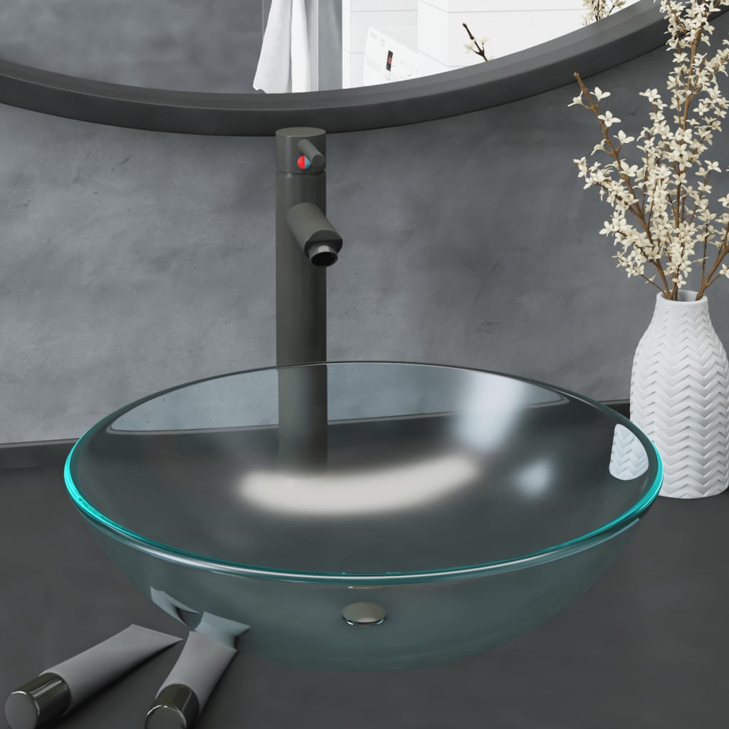 Bathroom Sink With Tap And Push Drain Clear Tempered Glass
