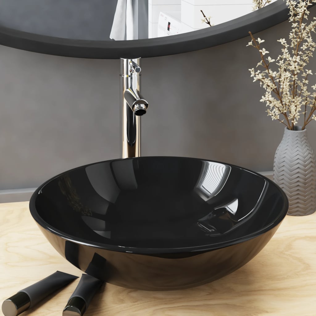 Bathroom Sink With Tap And Push Drain Clear Tempered Glass