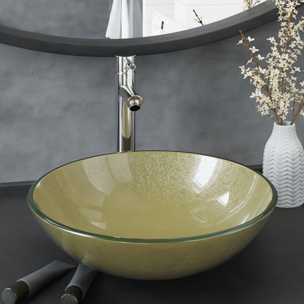 Bathroom Sink With Tap And Push Drain Clear Tempered Glass
