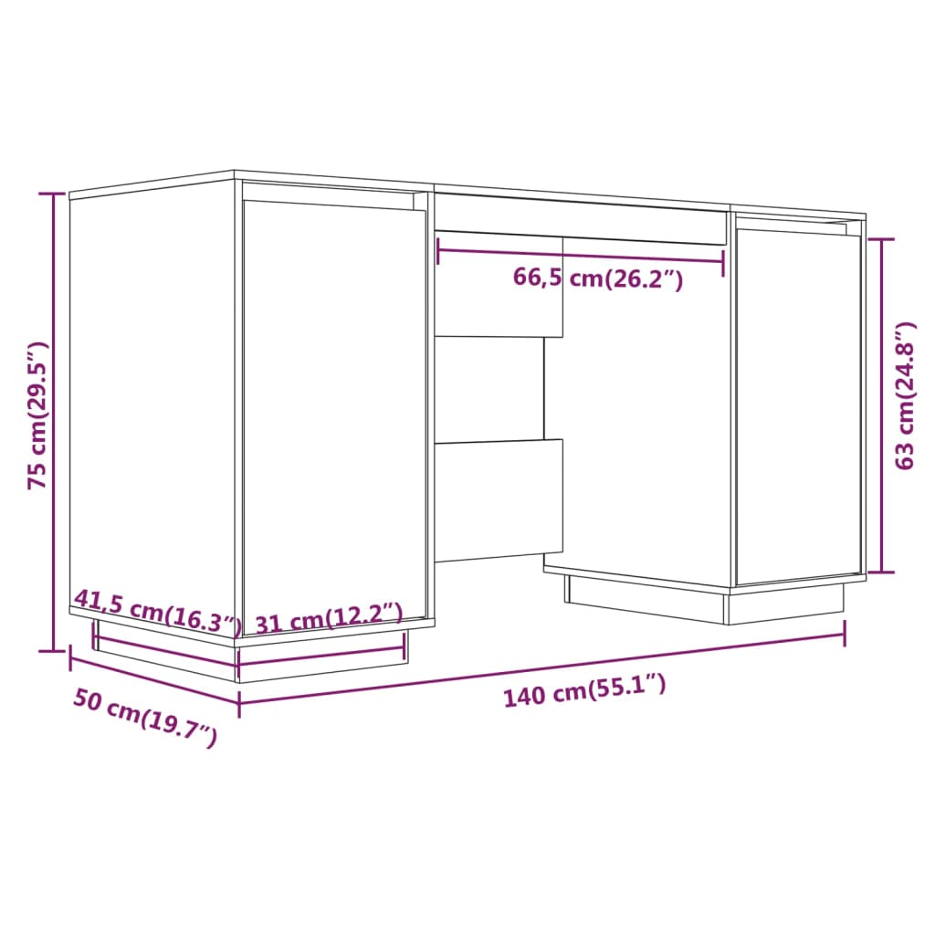 Desk 140X50X75 Cm Solid Wood Pine