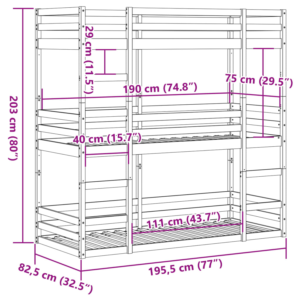 Triple Bunk Bed Without Mattress Small Single Solid Wood Pine