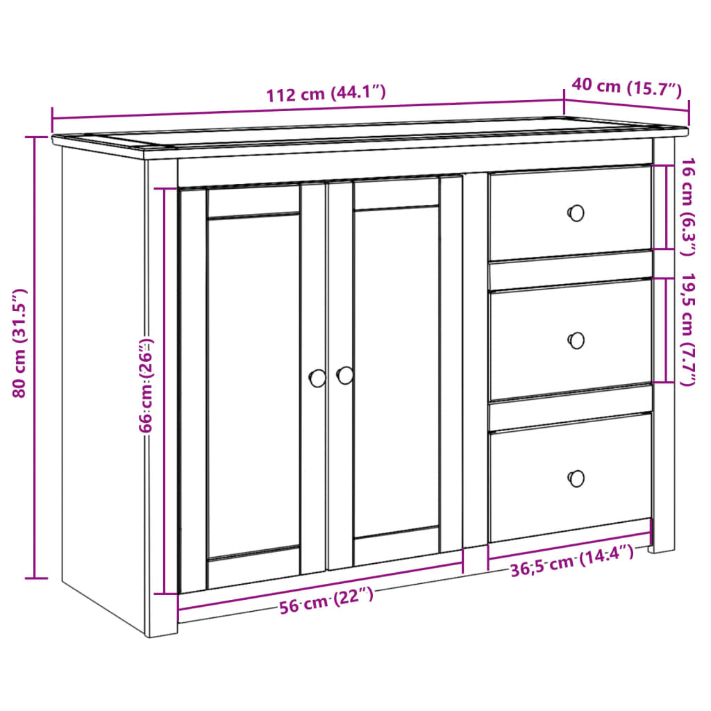 Sideboard With Drawers Panama 112X40X80 Cm Solid Wood Pine