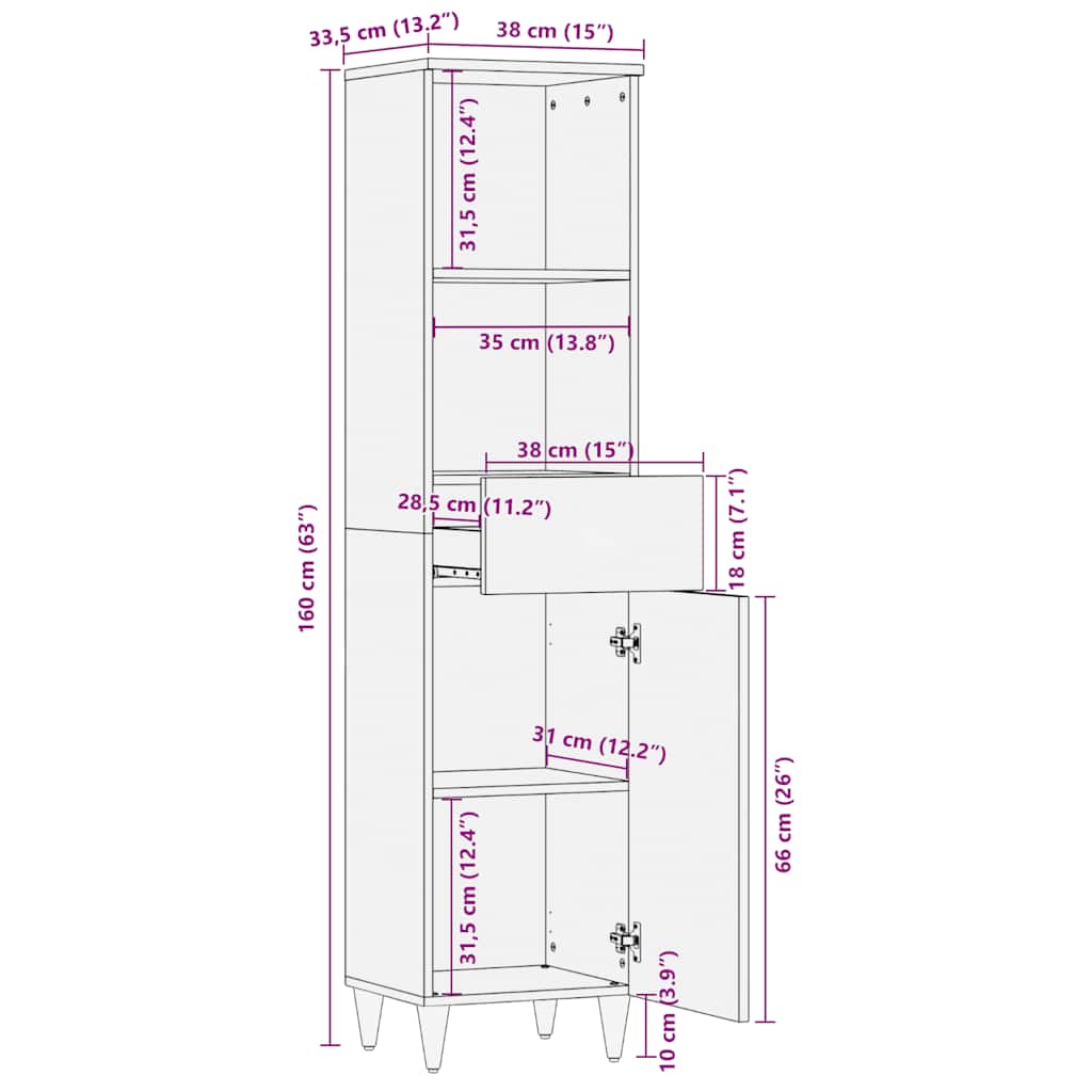 Bathroom Cabinet 38X33.5X160 Cm Solid Wood Mango