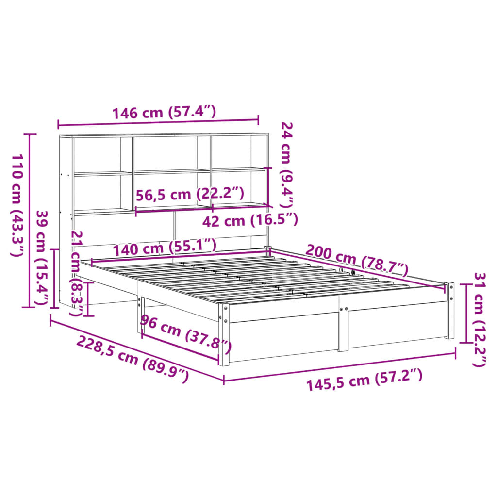 Bookcase Bed Without Mattress 140X200Cm Solid Wood Pine