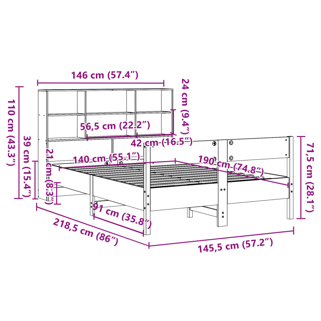 Bookcase Bed Without Mattress 140X190Cm Solid Wood Pine