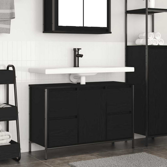 Basin Cabinet With Drawers Black Oak 90X34.5X60 Cm
