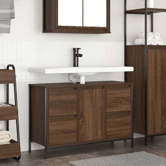 Basin Cabinet With Drawers Brown Oak 90X34.5X60 Cm